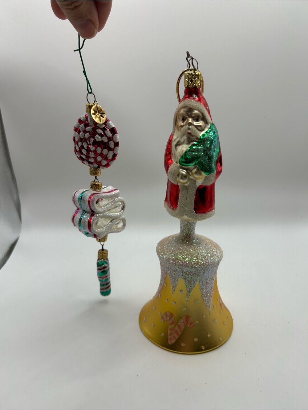 Christopher Radko Glass Christmas Ornaments - Santa Bell & Peppermint Twist